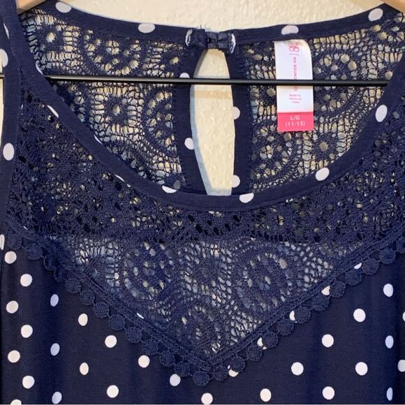 NO BOUNDARIES Sundress Juniors L 11/13 Navy Blue White Polka Dot Lace Mini. - Picture 3 of 8